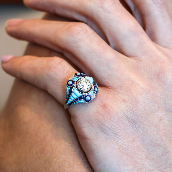 ART DECO 1925 Ring In Platinum With 4.76 Ctw Diamonds Sapphires & Turquoises