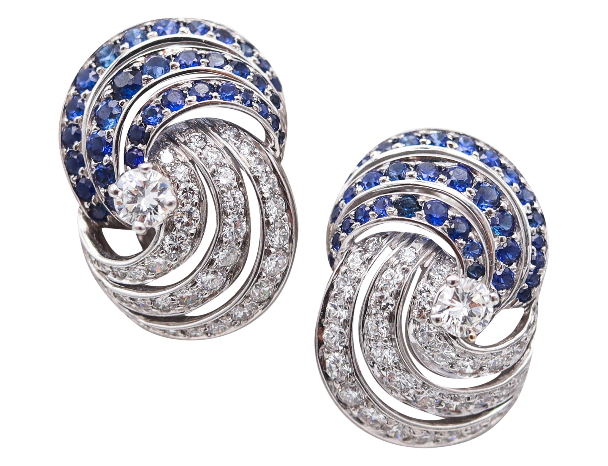 TIFFANY & CO. 1960 Platinum Clips-On Earrings With 6.02 Ctw Diamonds & Sapphires