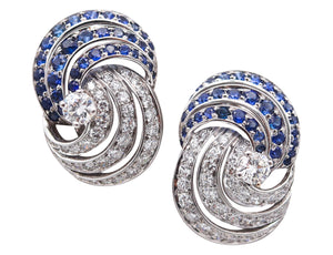 TIFFANY & CO. 1960 Platinum Clips-On Earrings With 6.02 Ctw Diamonds & Sapphires