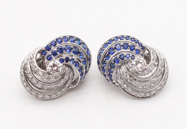 TIFFANY & CO. 1960 Platinum Clips-On Earrings With 6.02 Ctw Diamonds & Sapphires