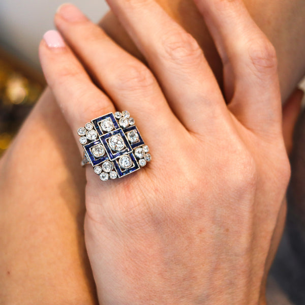 ART DECO 1928 Geometric Ring In Platinum With 5.15 Ctw In Diamonds & Sapphires