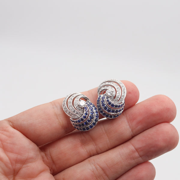TIFFANY & CO. 1960 Platinum Clips-On Earrings With 6.02 Ctw Diamonds & Sapphires
