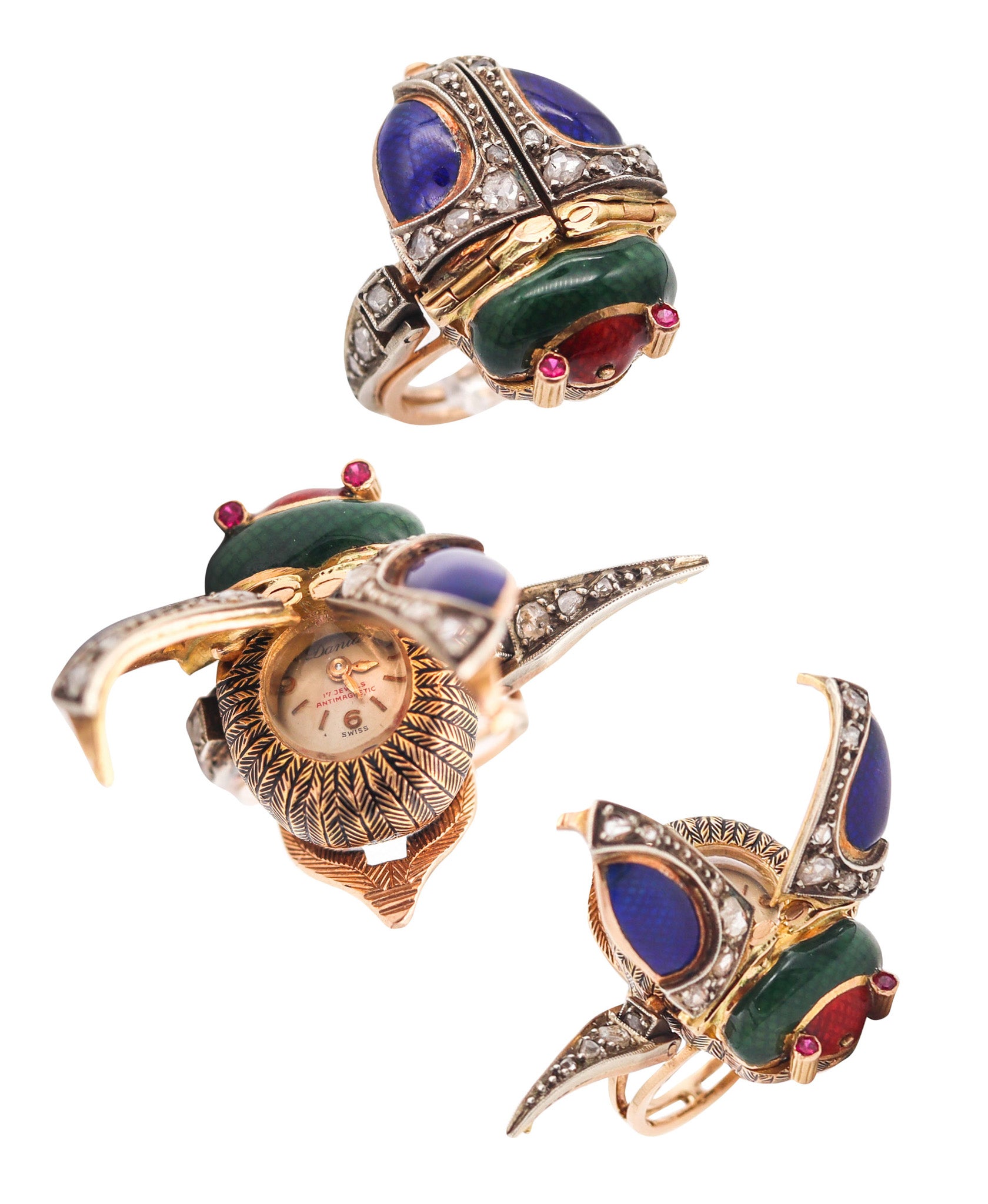 AUSTRIAN HUNGARIAN 1915 Enameled Beetle Watch Ring In 18Kt Gold & Diamonds