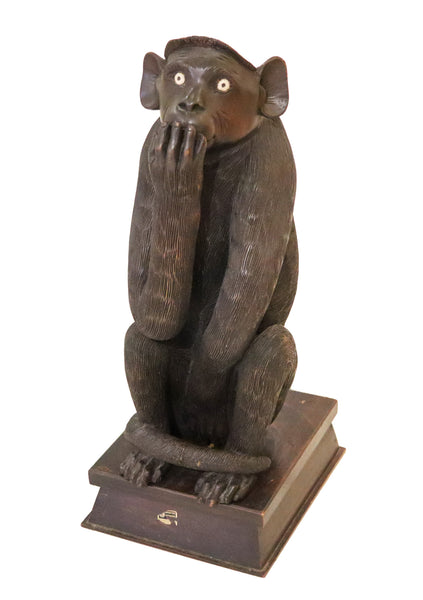 ART-DECO 1920 Wise Speak No Evil Seated Monkey Sculpted In Black Ebony Wood