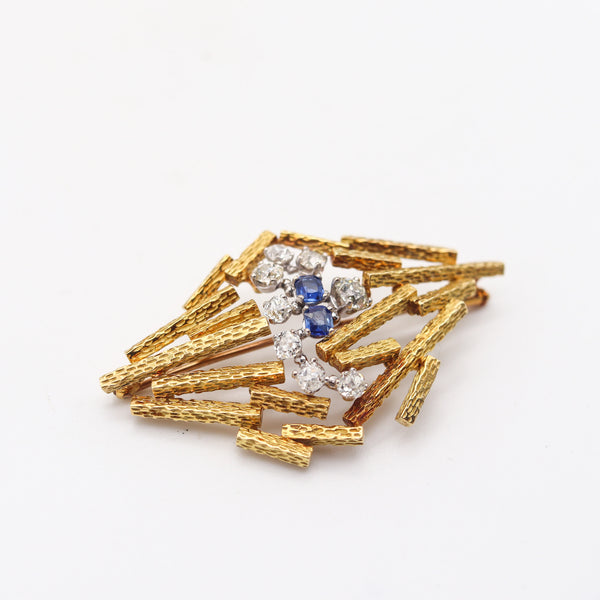 JOHN DONALD 1969 Modernist Brooch In 18Kt Gold Diamonds & Sapphires