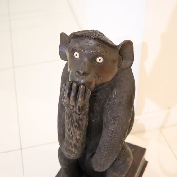 ART-DECO 1920 Wise Speak No Evil Seated Monkey Sculpted In Black Ebony Wood