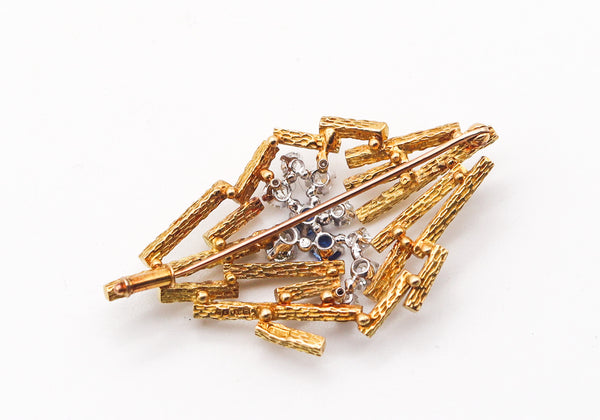 JOHN DONALD 1969 Modernist Brooch In 18Kt Gold Diamonds & Sapphires