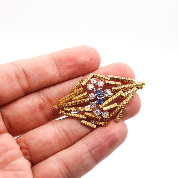 JOHN DONALD 1969 Modernist Brooch In 18Kt Gold Diamonds & Sapphires