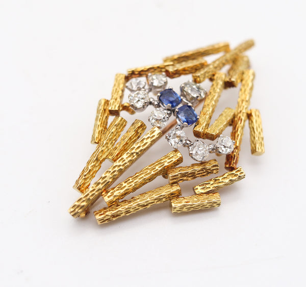 JOHN DONALD 1969 Modernist Brooch In 18Kt Gold Diamonds & Sapphires