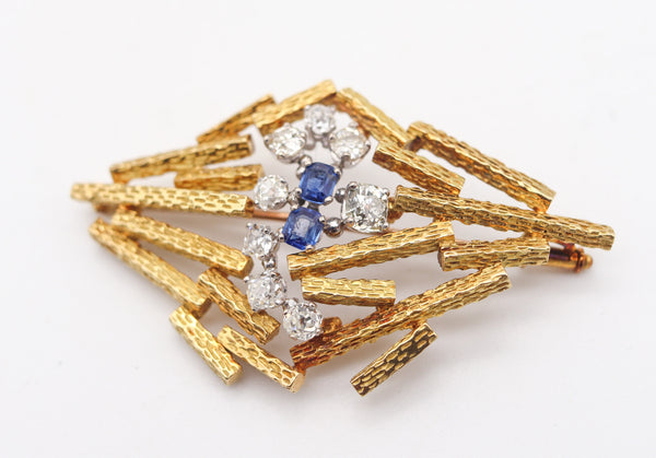 JOHN DONALD 1969 Modernist Brooch In 18Kt Gold Diamonds & Sapphires