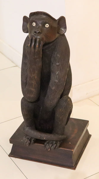 ART-DECO 1920 Wise Speak No Evil Seated Monkey Sculpted In Black Ebony Wood