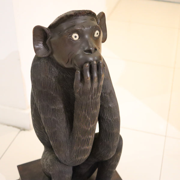ART-DECO 1920 Wise Speak No Evil Seated Monkey Sculpted In Black Ebony Wood