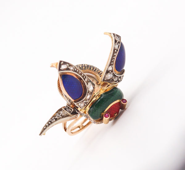 AUSTRIAN HUNGARIAN 1915 Enameled Beetle Watch Ring In 18Kt Gold & Diamonds