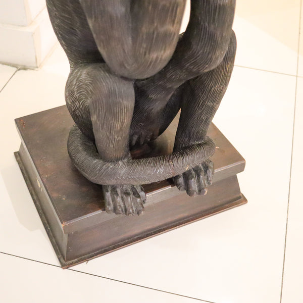 ART-DECO 1920 Wise Speak No Evil Seated Monkey Sculpted In Black Ebony Wood