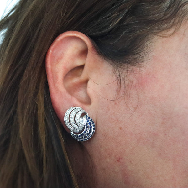 TIFFANY & CO. 1960 Platinum Clips-On Earrings With 6.02 Ctw Diamonds & Sapphires
