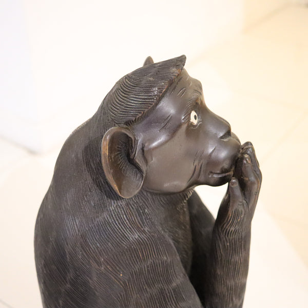 ART-DECO 1920 Wise Speak No Evil Seated Monkey Sculpted In Black Ebony Wood