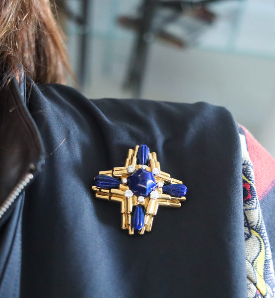 ALDO CIPULLO 1970 Maltese Pendant Brooch In 18Kt Gold With Diamonds & Lapis Lazuli