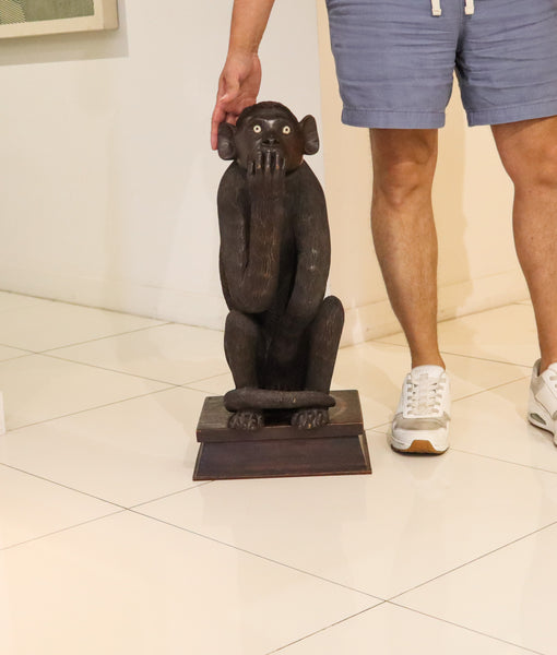 ART-DECO 1920 Wise Speak No Evil Seated Monkey Sculpted In Black Ebony Wood