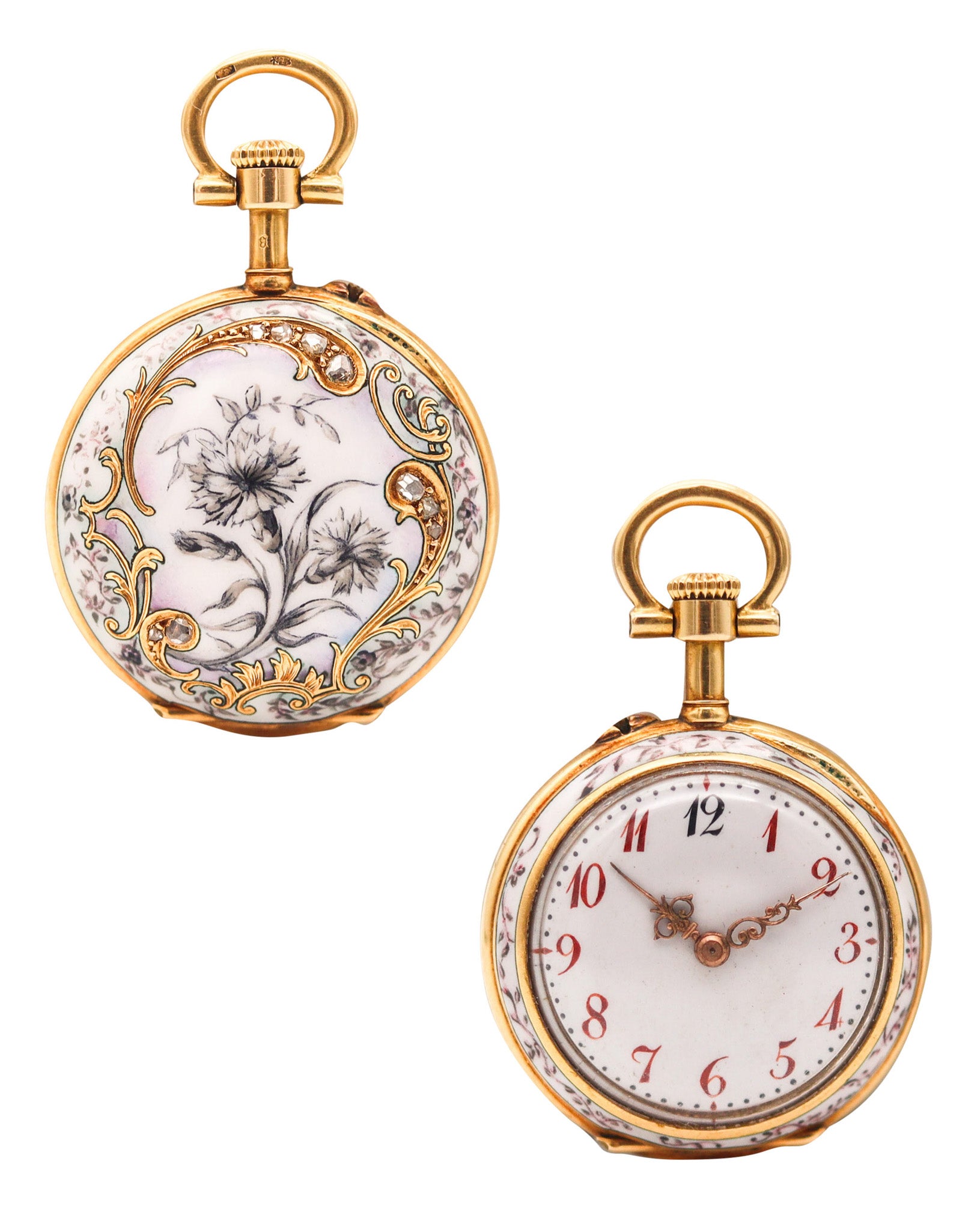 PAUL DITTSHEIM 1905 Enameled Lady Pocket Watch In 18Kt Yellow Gold With Diamonds