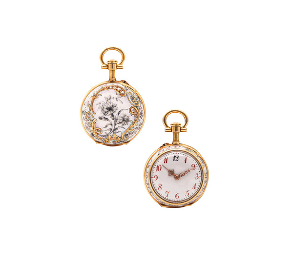 PAUL DITTSHEIM 1905 Enameled Lady Pocket Watch In 18Kt Yellow Gold With Diamonds