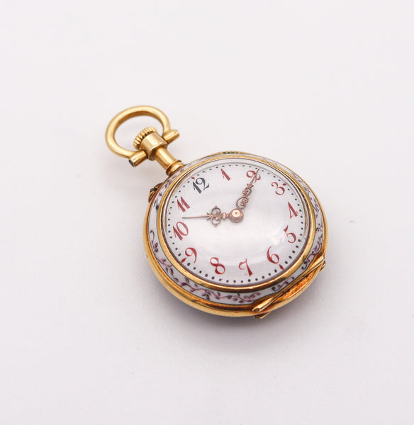 PAUL DITTSHEIM 1905 Enameled Lady Pocket Watch In 18Kt Yellow Gold With Diamonds