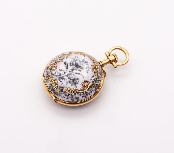 PAUL DITTSHEIM 1905 Enameled Lady Pocket Watch In 18Kt Yellow Gold With Diamonds