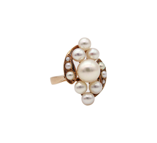 -Victorian 1900 Cluster Ring In 14Kt Yellow Gold With Round White Pearls