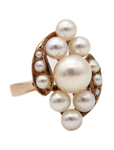 -Victorian 1900 Cluster Ring In 14Kt Yellow Gold With Round White Pearls