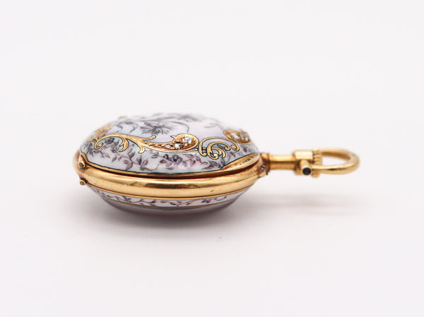 PAUL DITTSHEIM 1905 Enameled Lady Pocket Watch In 18Kt Yellow Gold With Diamonds