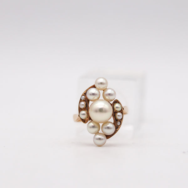 -Victorian 1900 Cluster Ring In 14Kt Yellow Gold With Round White Pearls