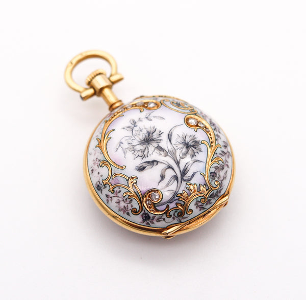 PAUL DITTSHEIM 1905 Enameled Lady Pocket Watch In 18Kt Yellow Gold With Diamonds