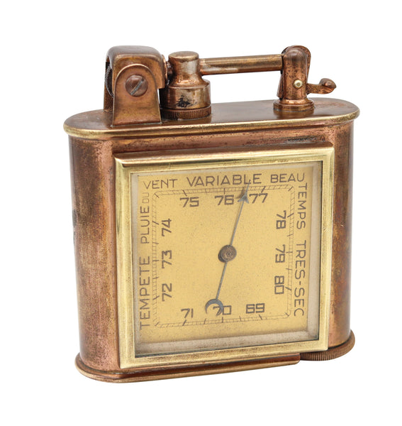 LANCEL Paris 1935 Desk Table Lighter With Thermometer & Barometer In Gilt Brass