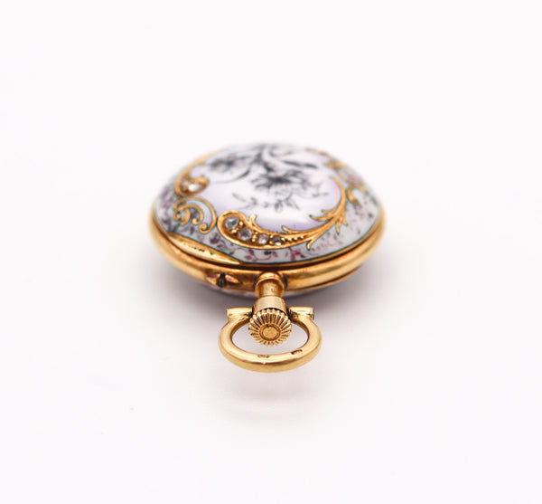 PAUL DITTSHEIM 1905 Enameled Lady Pocket Watch In 18Kt Yellow Gold With Diamonds