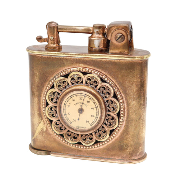 LANCEL Paris 1935 Desk Table Lighter With Thermometer & Barometer In Gilt Brass