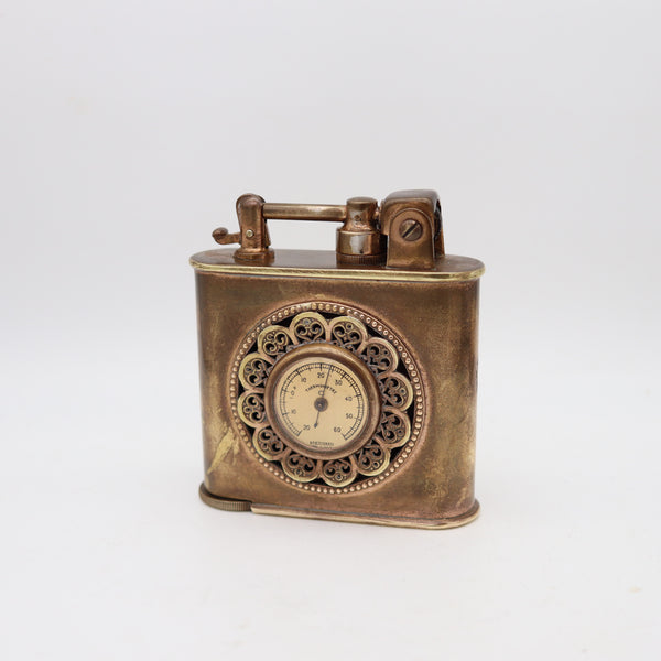LANCEL Paris 1935 Desk Table Lighter With Thermometer & Barometer In Gilt Brass