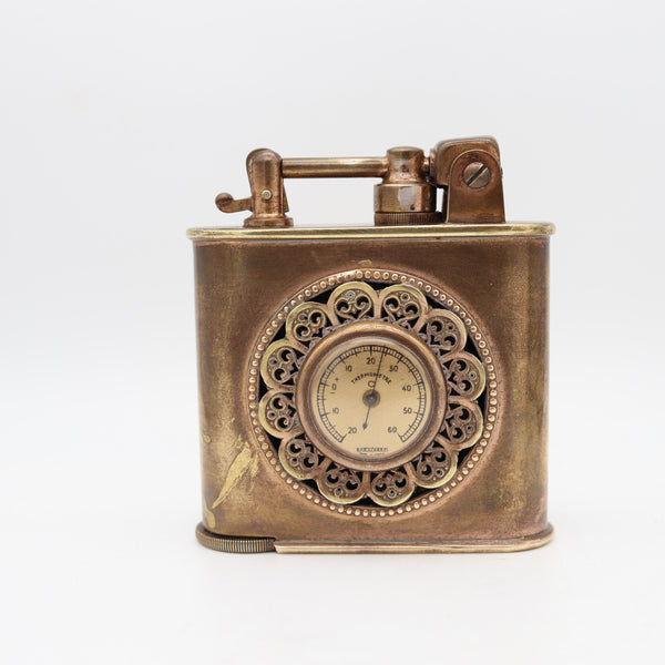 LANCEL Paris 1935 Desk Table Lighter With Thermometer & Barometer In Gilt Brass