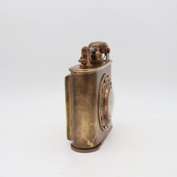 LANCEL Paris 1935 Desk Table Lighter With Thermometer & Barometer In Gilt Brass