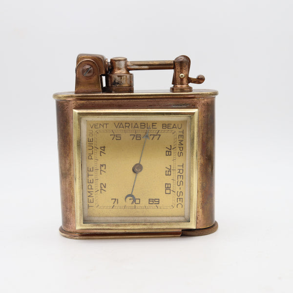LANCEL Paris 1935 Desk Table Lighter With Thermometer & Barometer In Gilt Brass