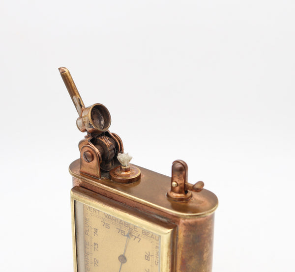 LANCEL Paris 1935 Desk Table Lighter With Thermometer & Barometer In Gilt Brass