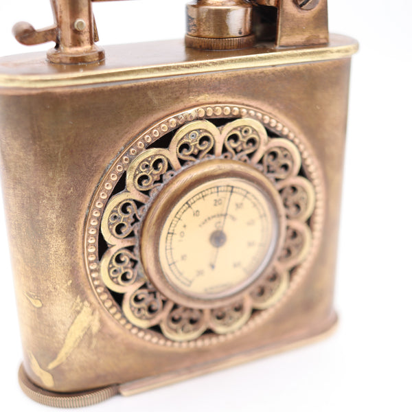 LANCEL Paris 1935 Desk Table Lighter With Thermometer & Barometer In Gilt Brass