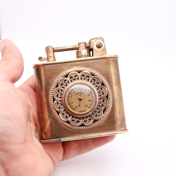 LANCEL Paris 1935 Desk Table Lighter With Thermometer & Barometer In Gilt Brass
