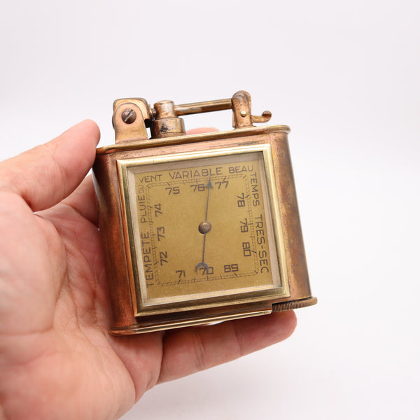 LANCEL Paris 1935 Desk Table Lighter With Thermometer & Barometer In Gilt Brass