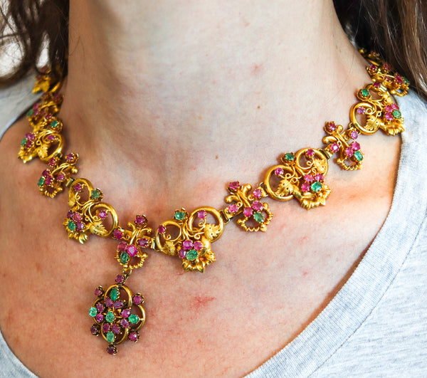 RENAISSANCE REVIVAL 1870 Necklace In 18Kt Gold With 22.35 Ctw Emeralds & Rubies