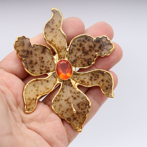 -Elizabeth Gage 1994 London Orchid Agate Pendant Brooch In 18Kt Gold With Opal