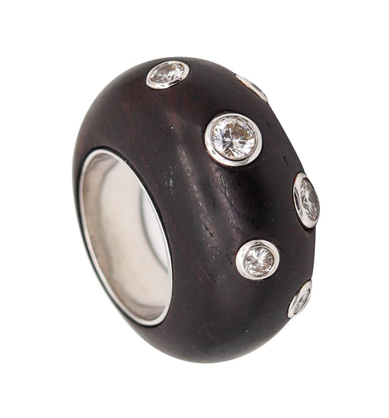 FRED LEIGHTON French Domed Wood Ring In 18Kt White Gold With VS Diamonds