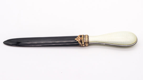 LEONID KOCHERGIN 1900 Russian Empire Enameled Letter Opener In 14Kt Gold Silver & Jade