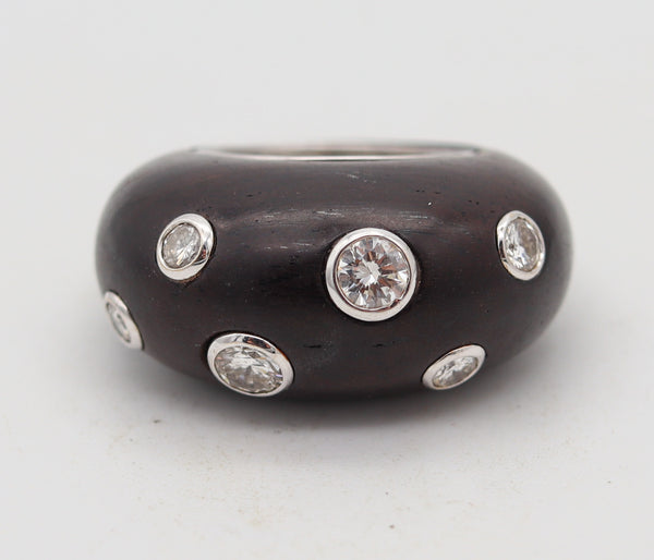 FRED LEIGHTON French Domed Wood Ring In 18Kt White Gold With VS Diamonds