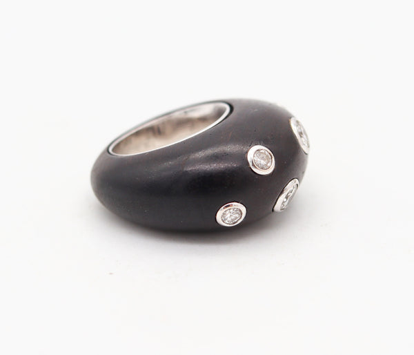 FRED LEIGHTON French Domed Wood Ring In 18Kt White Gold With VS Diamonds