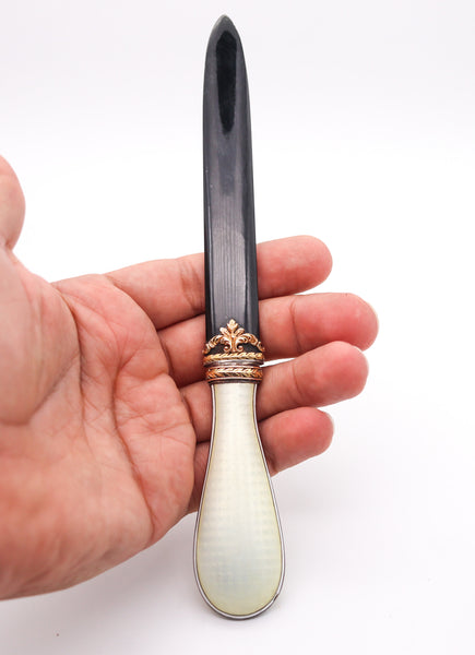 LEONID KOCHERGIN 1900 Russian Empire Enameled Letter Opener In 14Kt Gold Silver & Jade