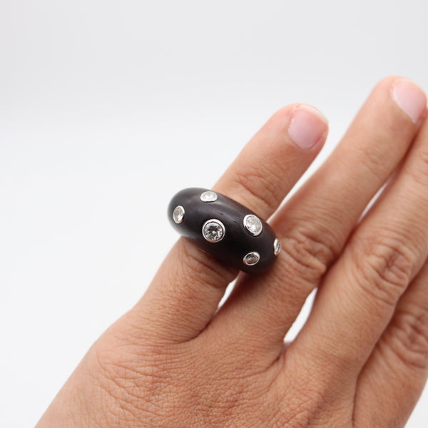 FRED LEIGHTON French Domed Wood Ring In 18Kt White Gold With VS Diamonds